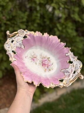Antique Style Pink Porcelain Bowl Floral Gold Gilt Pierced Rim Dish
